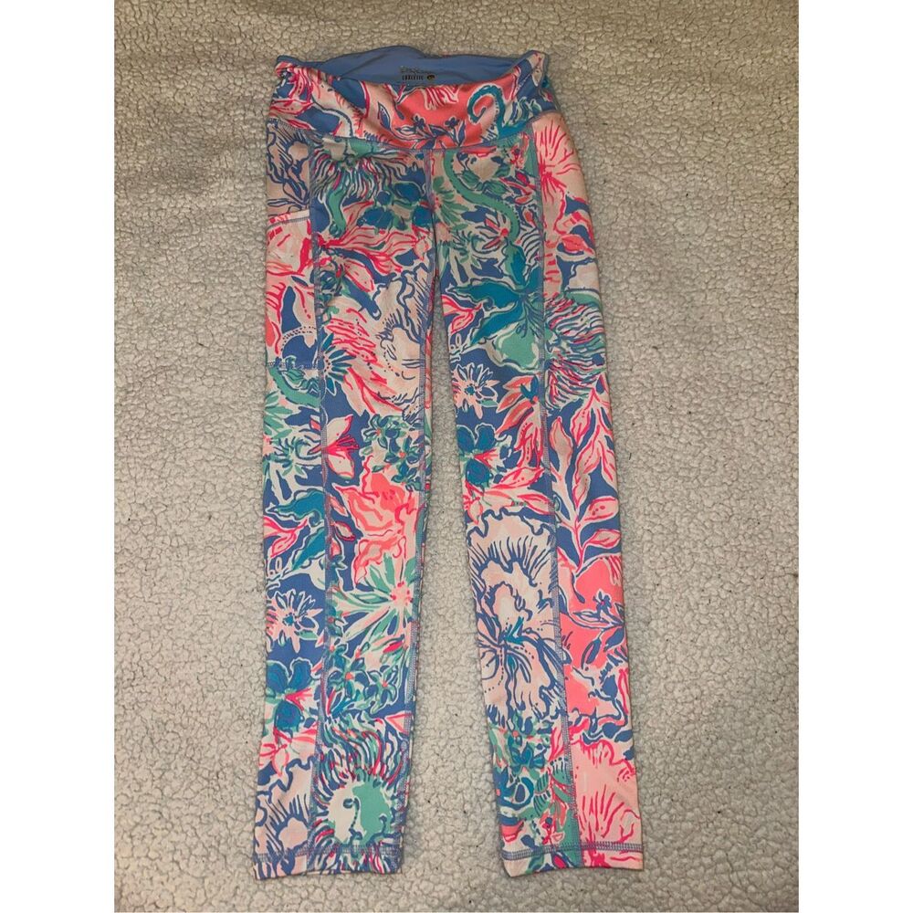 Lilly Pulitzer Luxletic Women’s Active Leggings Pink Blue Floral XS Gently Worn